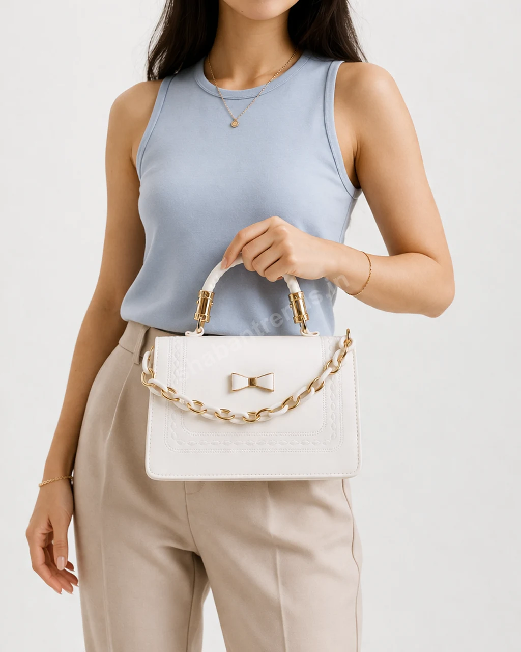 Stylish Women Handbag White Chain Satchel Bag with Top Handle & Strap