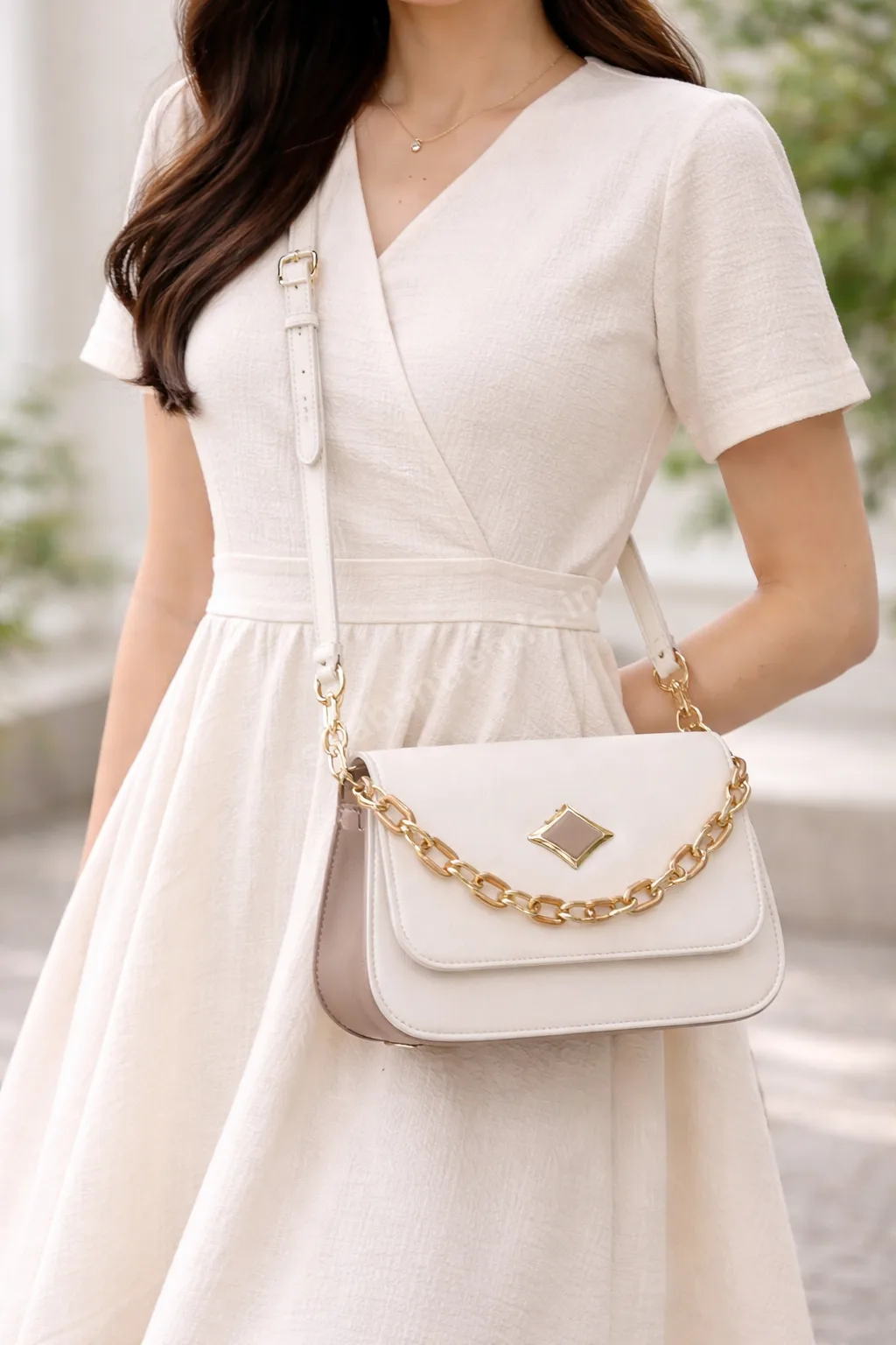 Elegant Beige Women Handbag with Gold Chain & Top Handle Sling Bag