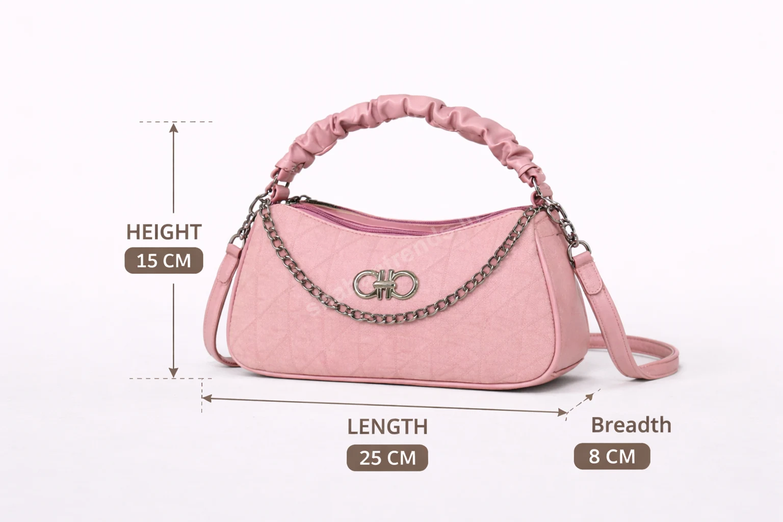 Stylish Pink Women Handbag with Chain Detail & Ruched Handle Sling Bag