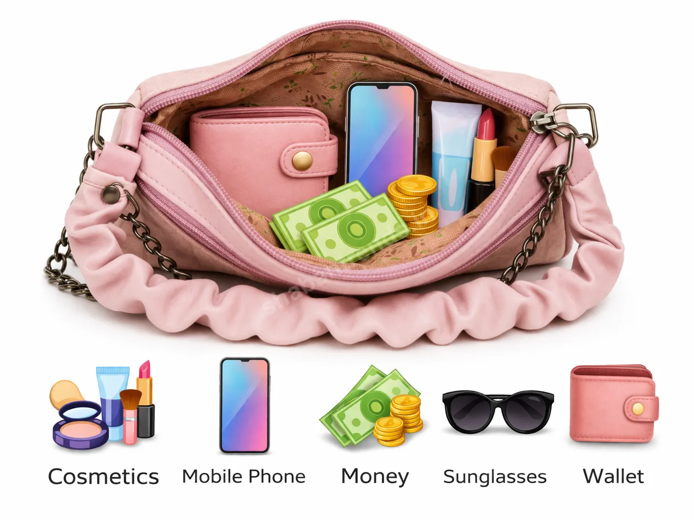 Stylish Pink Women Handbag with Chain Detail & Ruched Handle Sling Bag