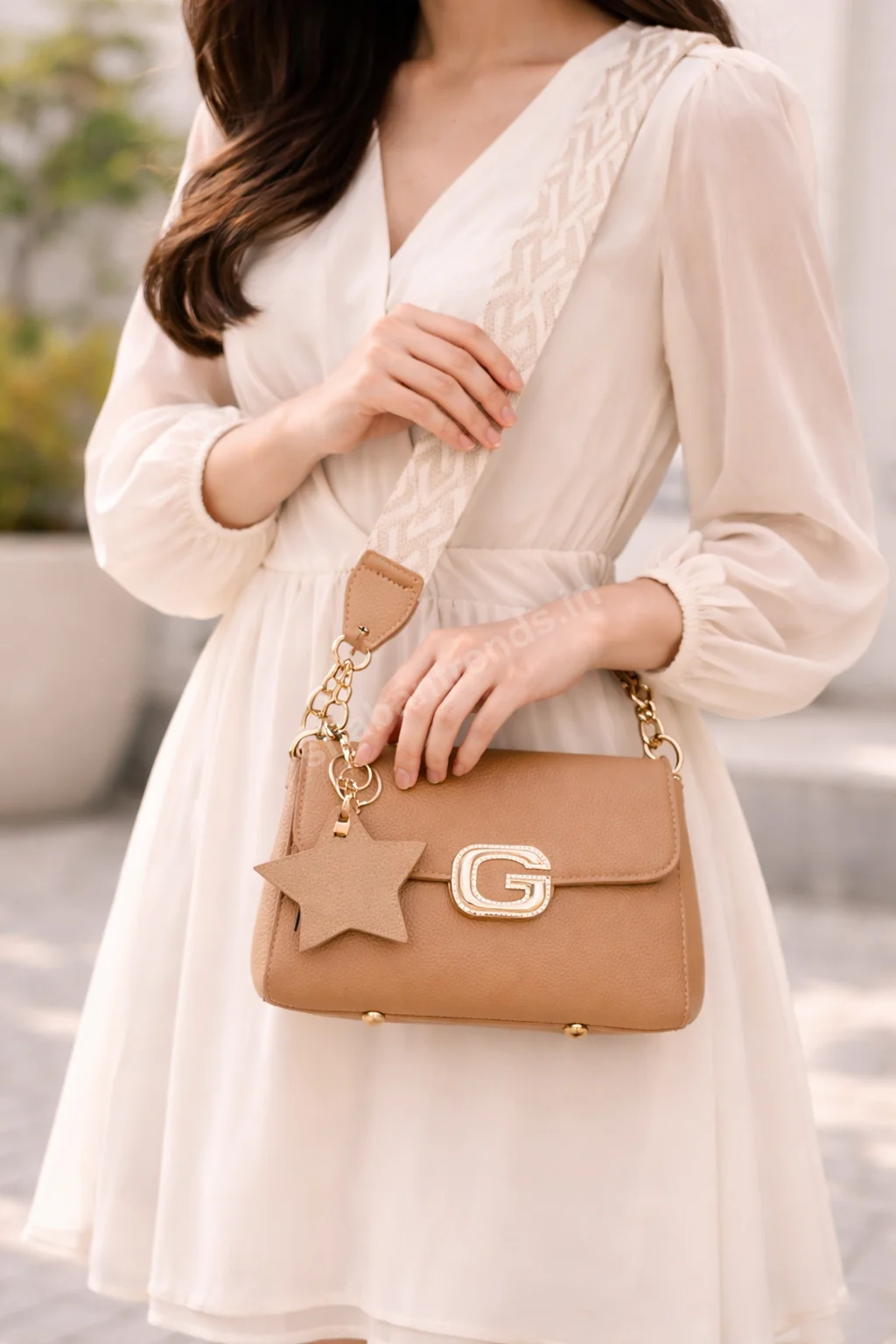 Elegant Tan Brown Women Handbag with Charm & Structured Sling Bag