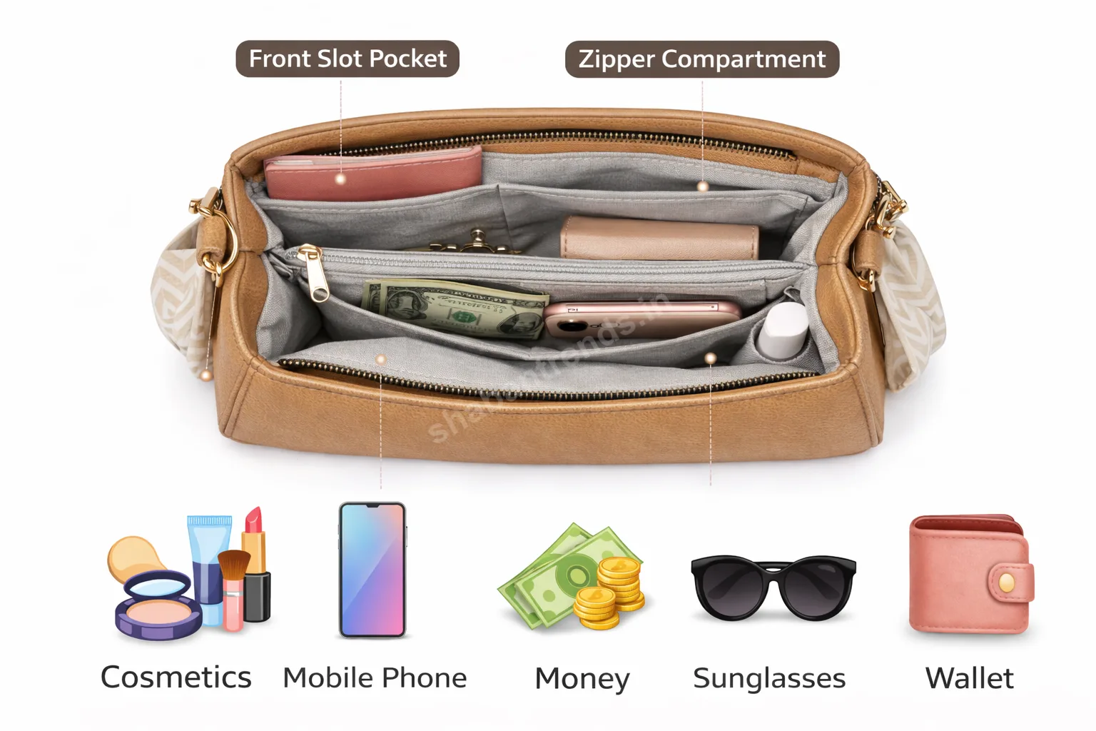 Elegant Tan Brown Women Handbag with Charm & Structured Sling Bag