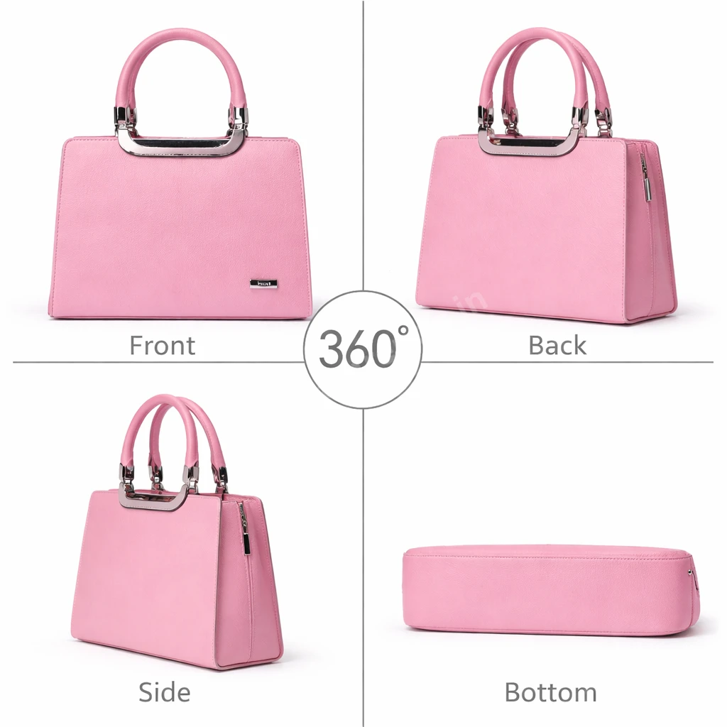 Stylish Pink Women Handbag with Metal Handle & Multi-Compartment Storage