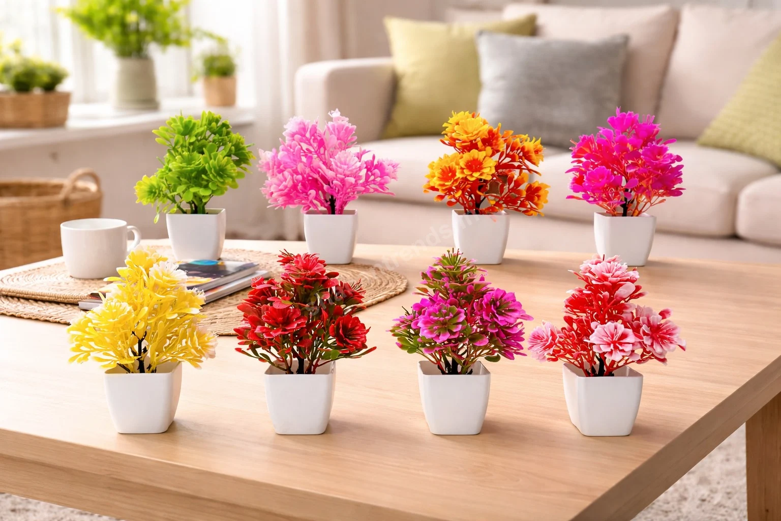 Mini Artificial Flower Plant in Cup  – Multi Color Table Top Décor | Replaceable Flowers