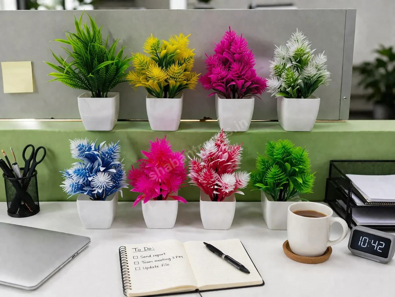 Mini Artificial Spike Plant in Cup (15 cm) – Multicolor Modern Table Top Greenery | Home & Office Décor