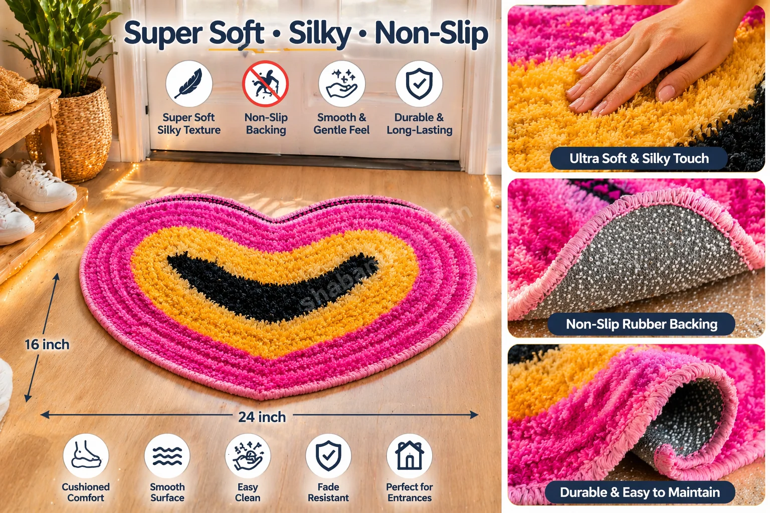 Heart Shape Floor Mat 16x24 Inch – Super Soft Polyester, Non-Slip Door Mat for Bathroom, Bedroom & Entrance | Washable Rug