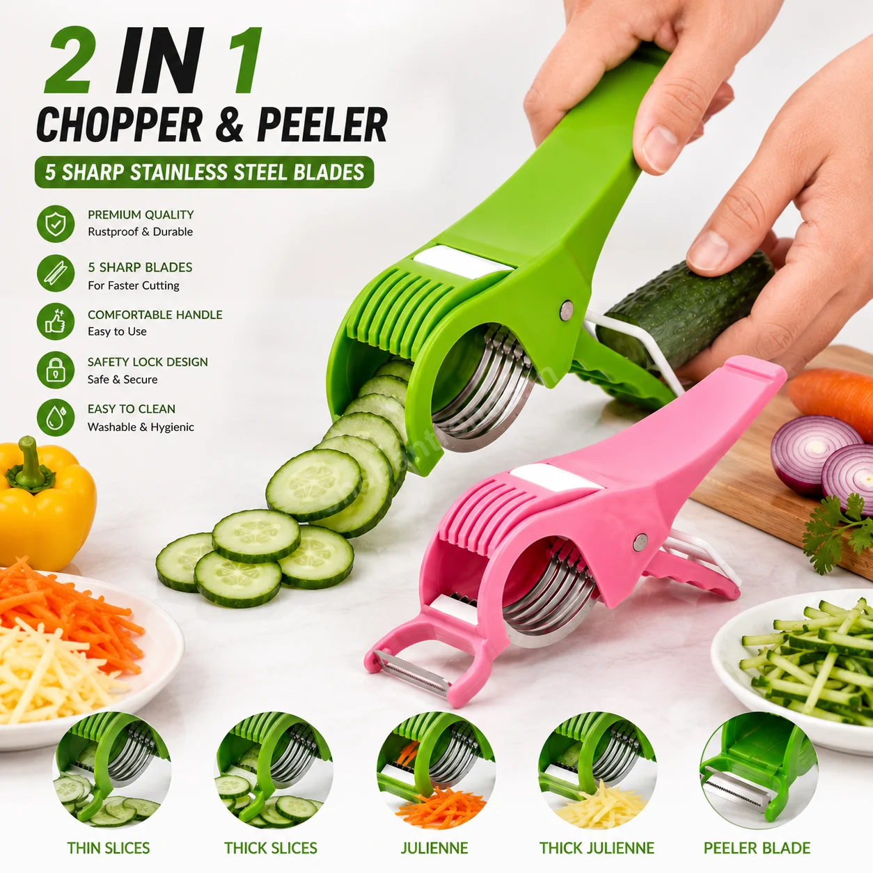 2-in-1 Vegetable & Fruit Multi Cutter with Peeler | 5 Blade Stainless Steel Cutter (Pack of 2)
