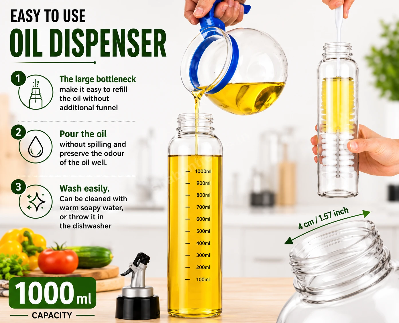 Oil Dispenser 1000ml, Plastic Oil Dispenser Bottle 1 Litre, 1 Litre Oil Bottle for Kitchen, Refillable Oil Pouring Bottle for Cooking Oil Storage