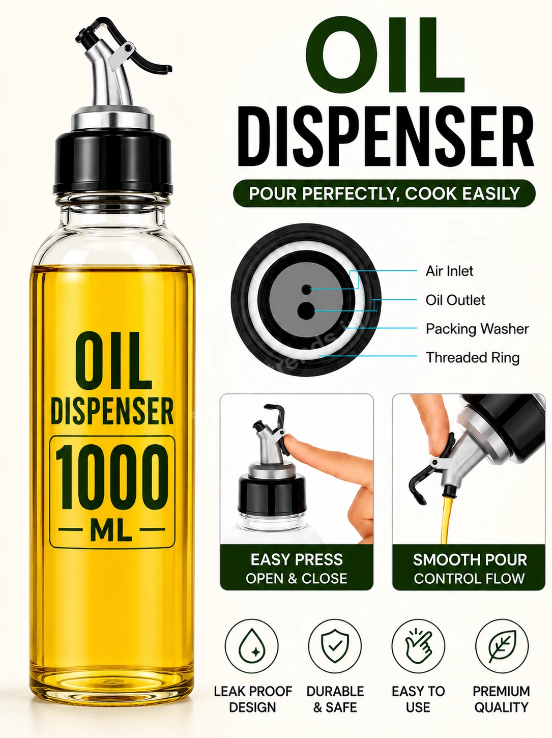 Oil Dispenser 1000ml, Plastic Oil Dispenser Bottle 1 Litre, 1 Litre Oil Bottle for Kitchen, Refillable Oil Pouring Bottle for Cooking Oil Storage