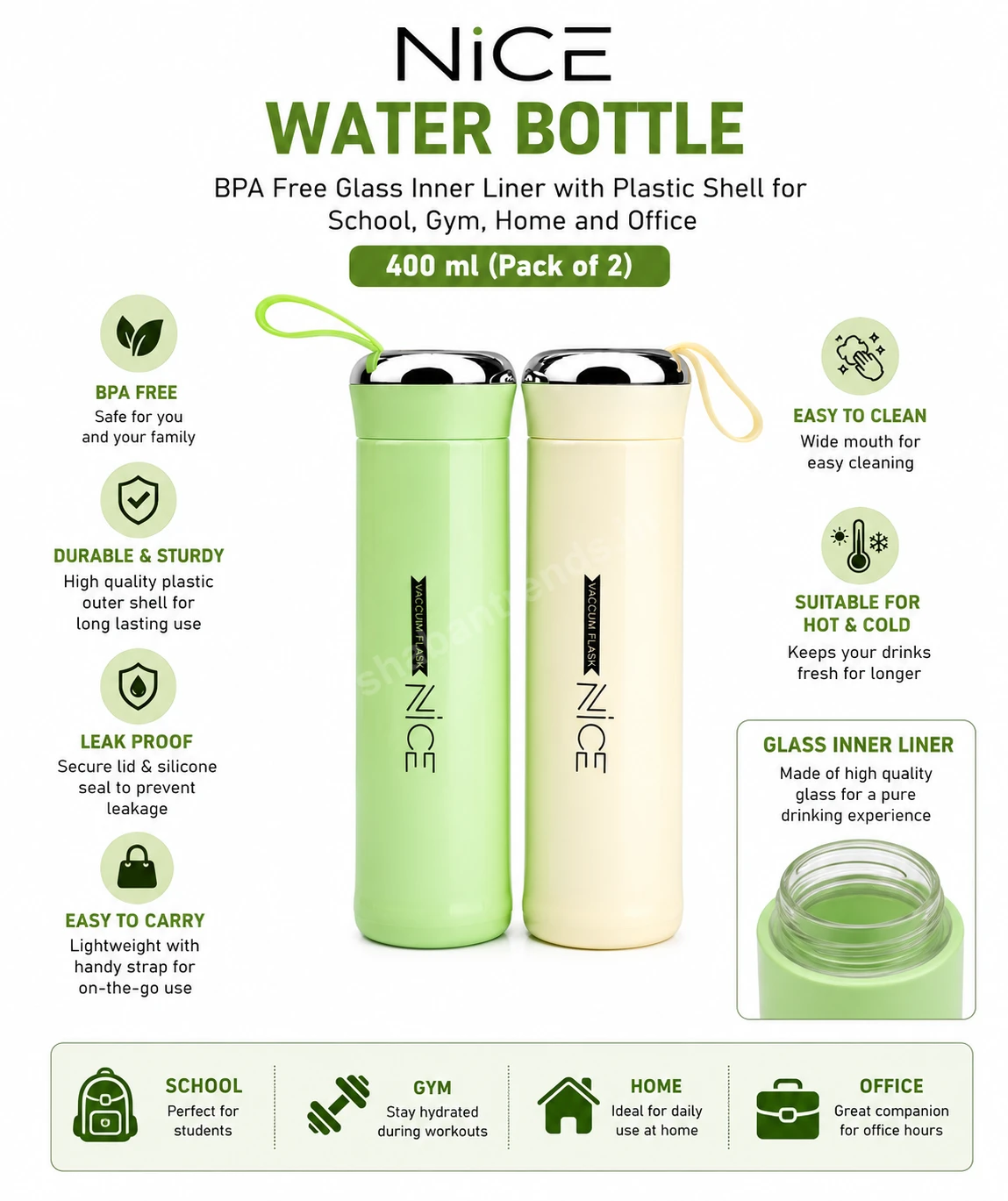 Nice Water Bottle Pack of 2 | 400ml Glass Bottle with BPA Free Plastic Shell | Leakproof Water Bottle for Gift, Home & Office