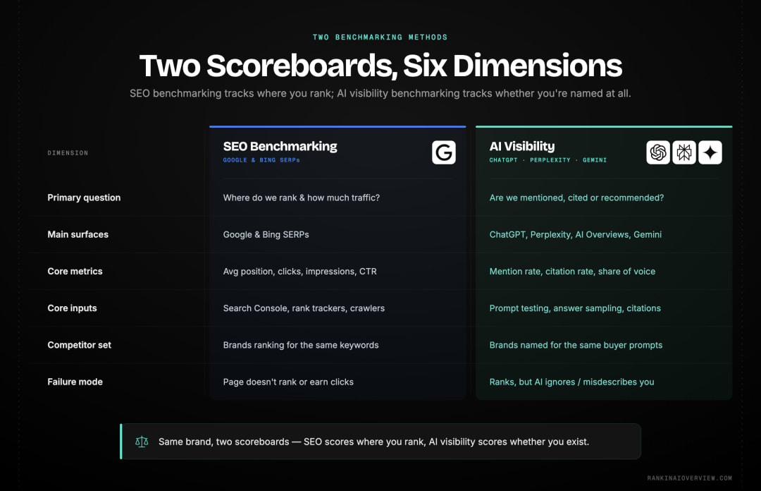 Infographic showcasing a side-by-side comparison of competitive SEO benchmarking versus AI visibility benchmarking across six dimensions.
