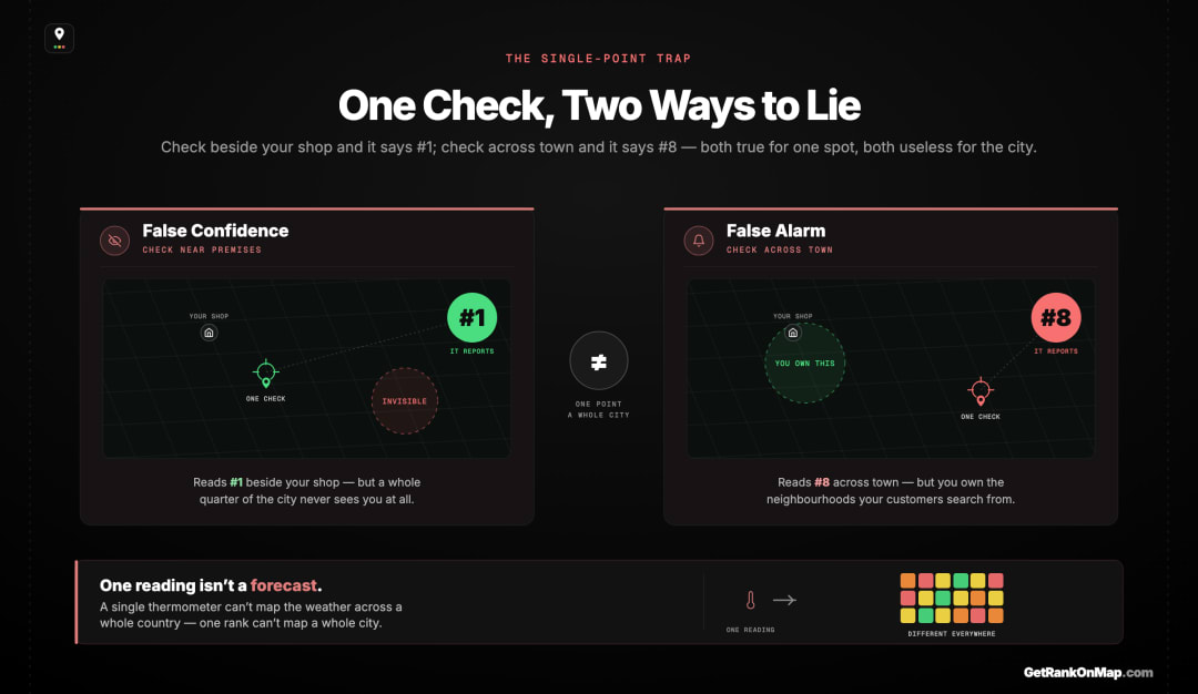 Infographic showcasing the two failure modes of a single-point rank check in a city — a false-confidence reading and a false-alarm reading — both accurate for one spot yet wrong for the city.