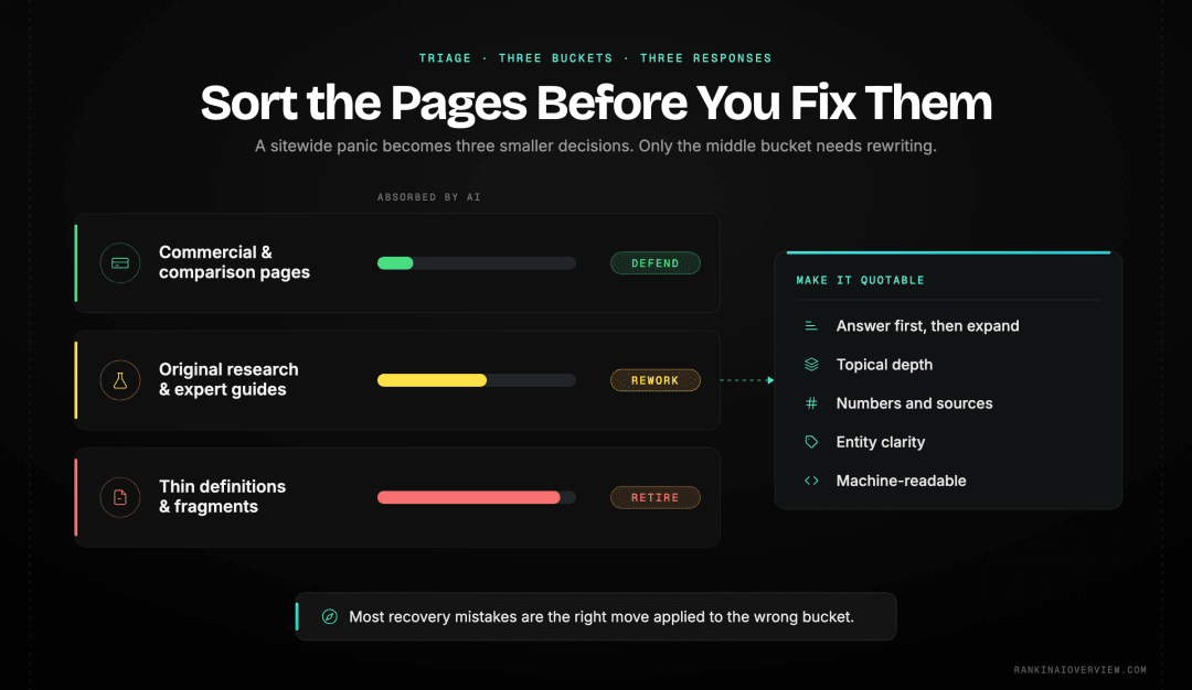 Infographic showcasing how to triage pages into high-intent commercial, authority-building informational and thin informational, with a different response for each and the reflexive reactions that deepen the decline