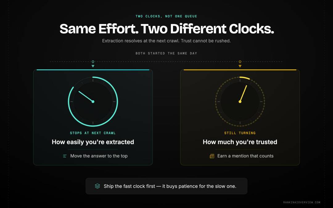 Infographic showcasing the two clocks behind AI visibility work, with extraction changes paying off at the next recrawl and trust building accumulating over weeks or months