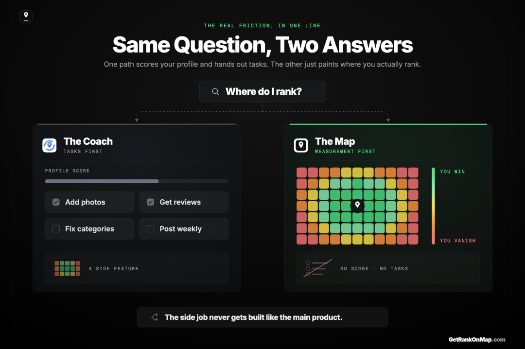 Infographic showcasing the two worldviews behind every local rank tool — the optimisation-coach path that scores you and hands you tasks, versus the honest-measurement path that paints where you actually rank as a heatmap
