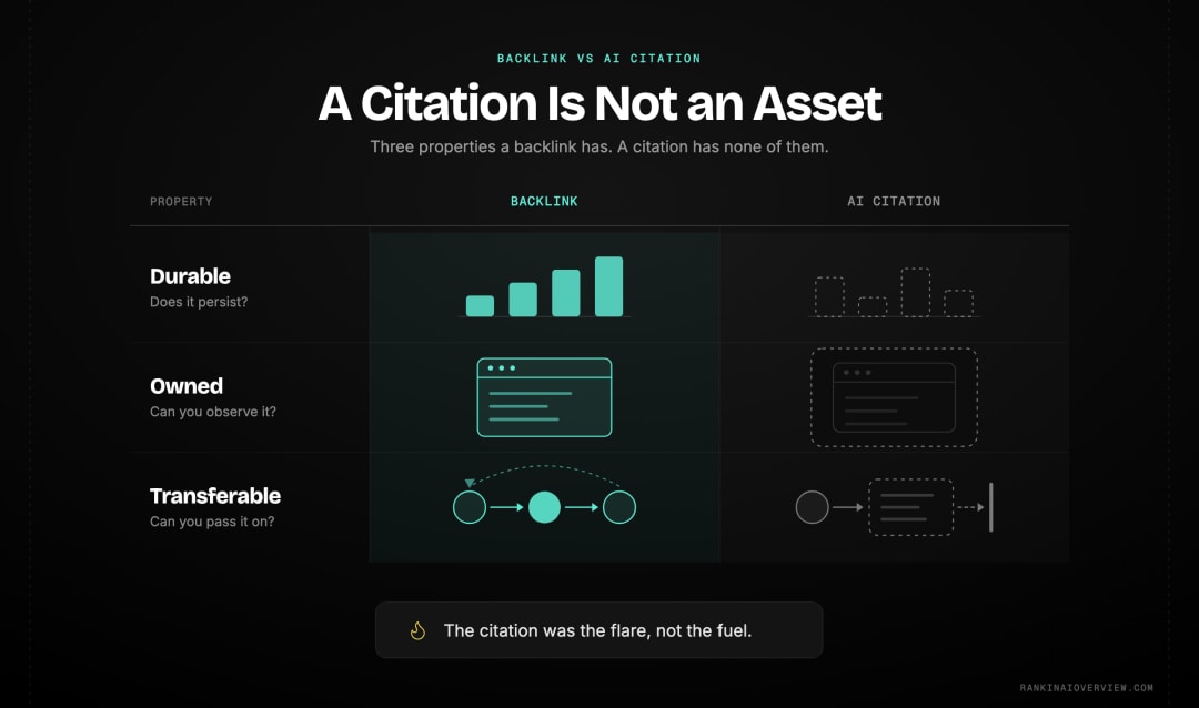 Infographic showcasing the three properties that made backlinks a currency — durability, ownership and transferability — and how an AI citation possesses none of them, terminating in the answer rather than circulating