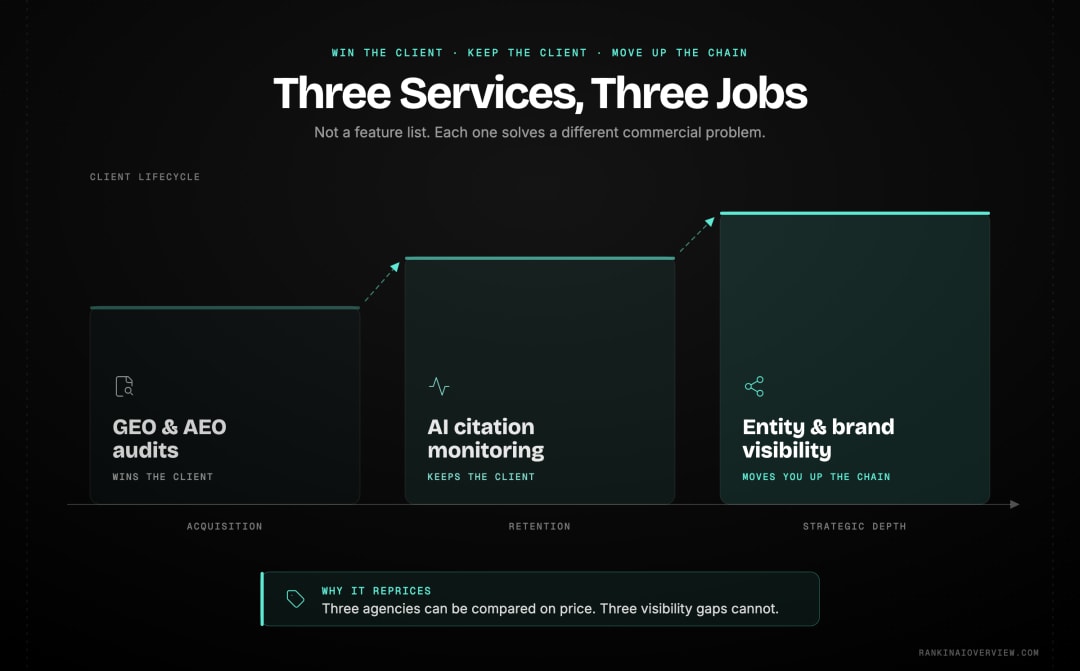 Infographic showcasing the three service lines leading agencies have added — GEO and AEO audits, ongoing AI citation monitoring, and entity and brand visibility strategy — placed by where each sits in the client lifecycle, and how each changes what is sold