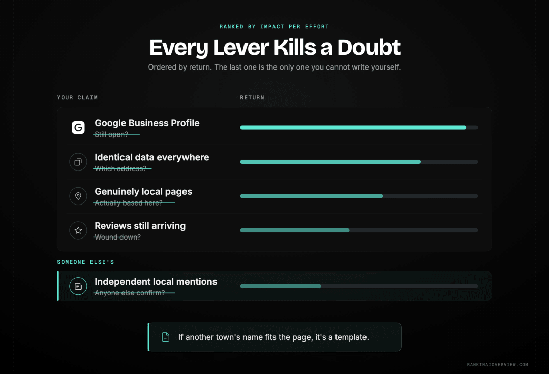 Infographic showcasing the local levers that earn AI citations — a current Google Business Profile, identical business data everywhere, genuinely local content, an active review habit, and independent local mentions