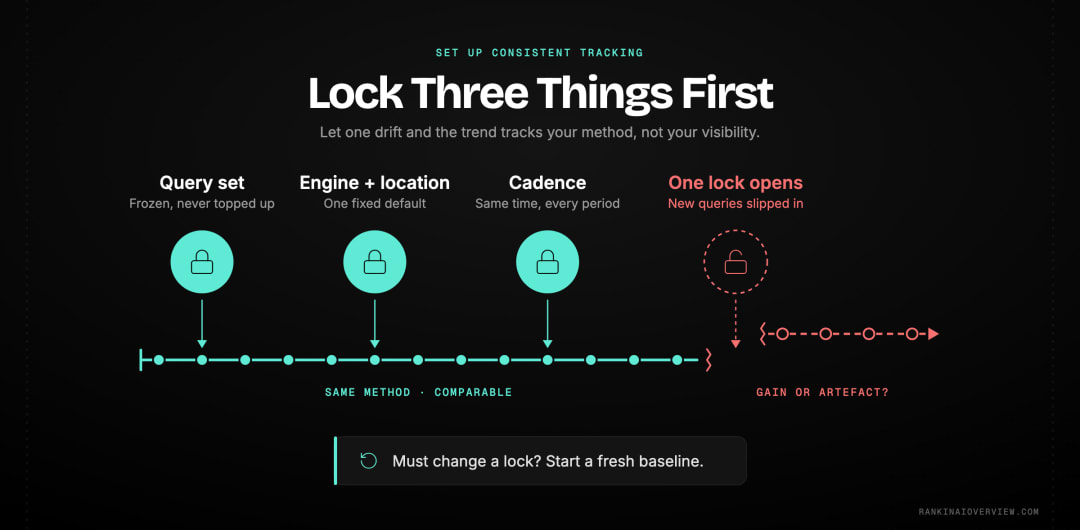 Infographic showcasing the three variables that must be frozen before the first reading — the query set, the engines and locations, and the cadence — with the drifts and reactions that destroy comparability