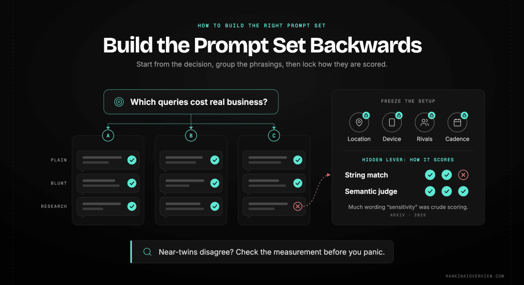 Infographic showcasing how to build and configure a tracked prompt set — working backwards from decisions rather than forwards from keywords — with the tool's citation-judging method treated as part of the measurement