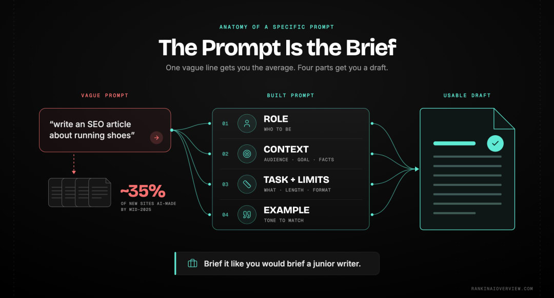 Infographic showcasing the four-part anatomy of a specific ChatGPT SEO prompt — role, context, task with constraints, and an example — set against the generic output a vague prompt returns