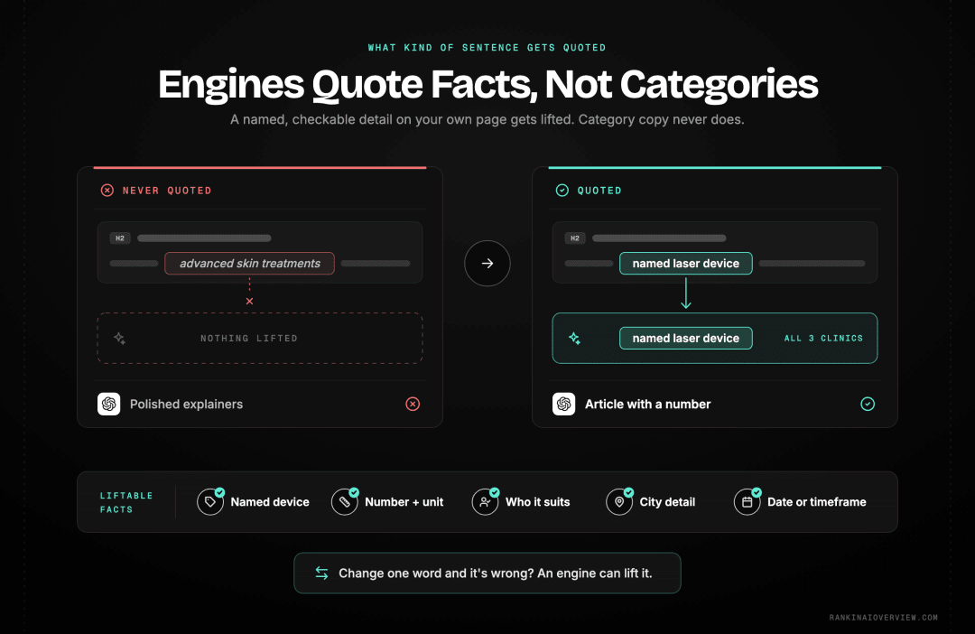 Infographic showcasing the difference between a generic service sentence and a quotable fact that AI engines lift, with the five types of quotable fact