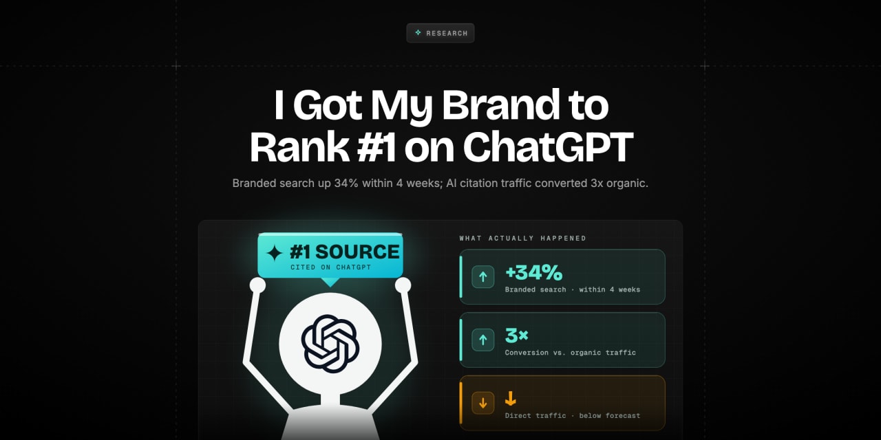 Brand logo positioned at the top of a ChatGPT citation ranking, with arrows showing traffic and conversion outcomes