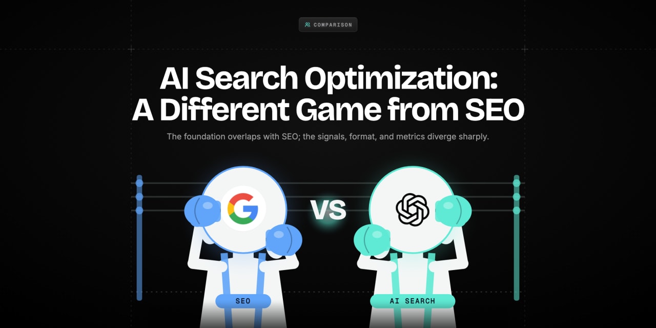 Split path diverging from a search bar—one to ranked blue links, the other to an AI chatbot answer bubble