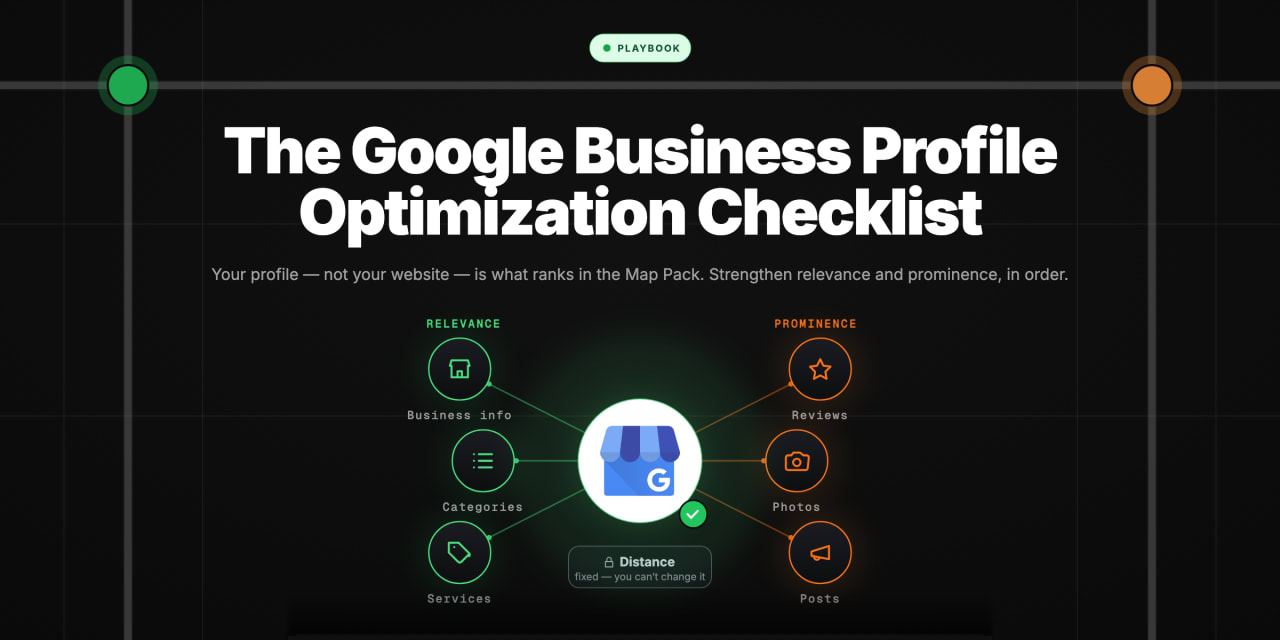 Diagram of a Google Business Profile at the hub with its optimisation levers orbiting it: relevance levers (business info, categories, services) in green, prominence levers (reviews, photos, posts) in orange, and distance marked as a fixed factor you can't change.