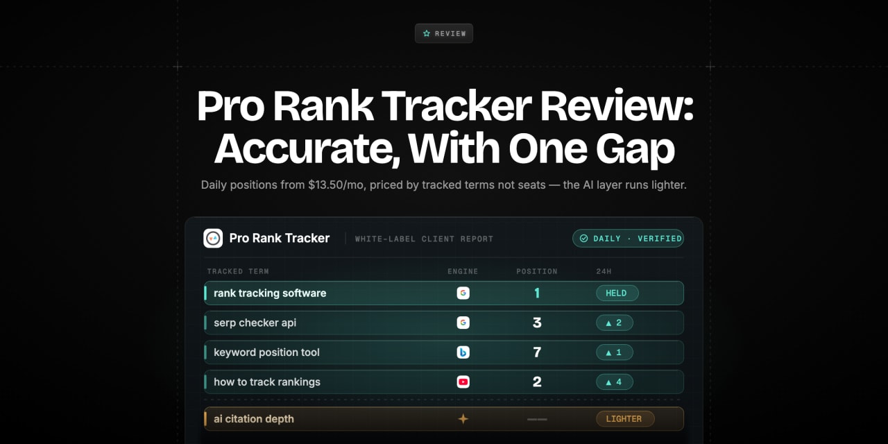 Pro Rank Tracker white-label client report panel showing four search engine keyword rows tracked accurately in teal, and one amber row where AI citation depth runs lighter.