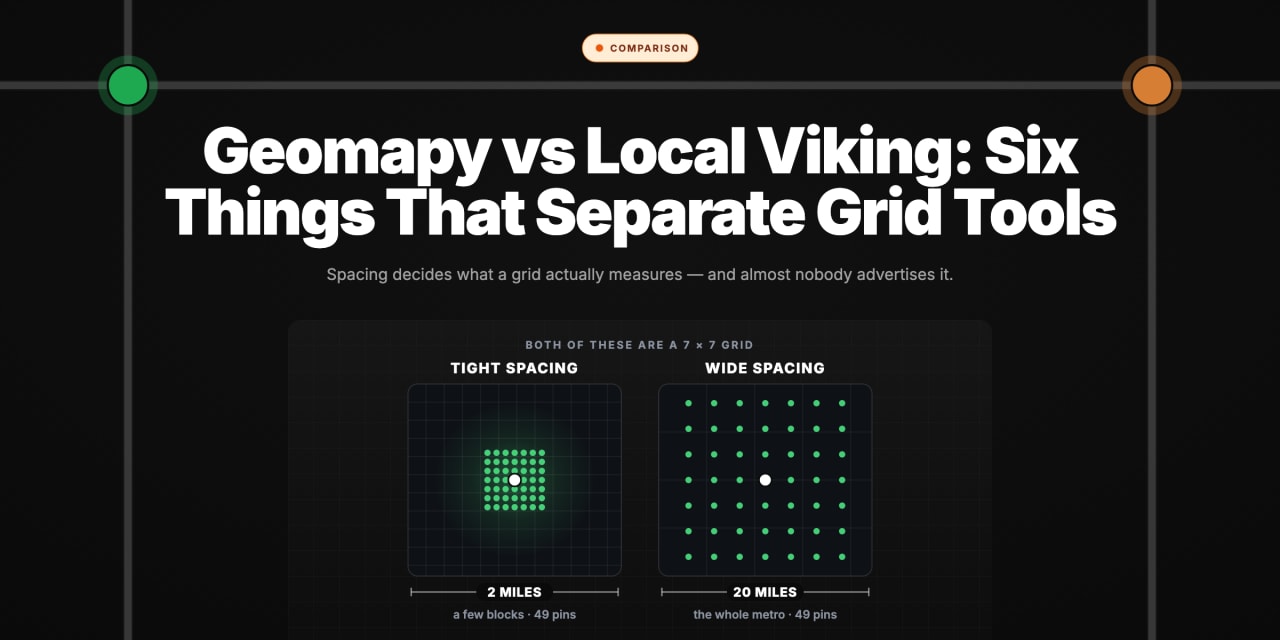 Hero image showing two map panels of the same size, each holding an identical 7 by 7 grid of 49 scan pins: one packed tightly across 2 miles, the other spread across 20 miles, illustrating that grid spacing decides what a grid actually measures.