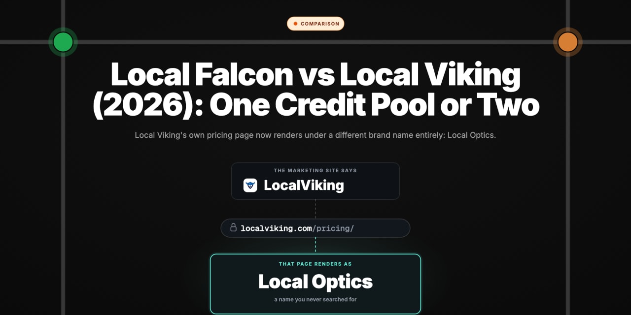 The address localviking.com/pricing/ shown between two brand names: the marketing site says LocalViking, while that pricing page renders as Local Optics.