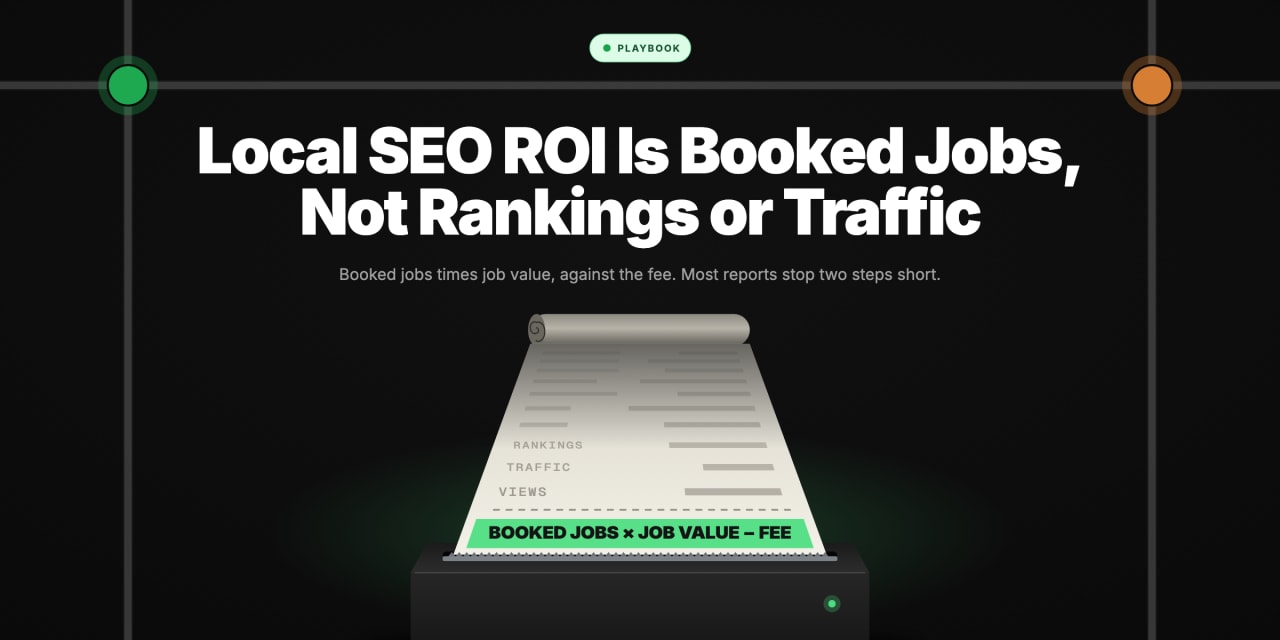 A receipt with faded lines for rankings, traffic and views, ending in a highlighted line: booked jobs x job value - fee.