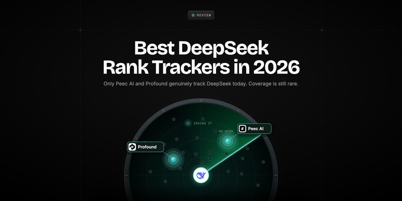 A sonar screen sweeping from the DeepSeek logo where only Peec AI and Profound light up among many dark tool blips