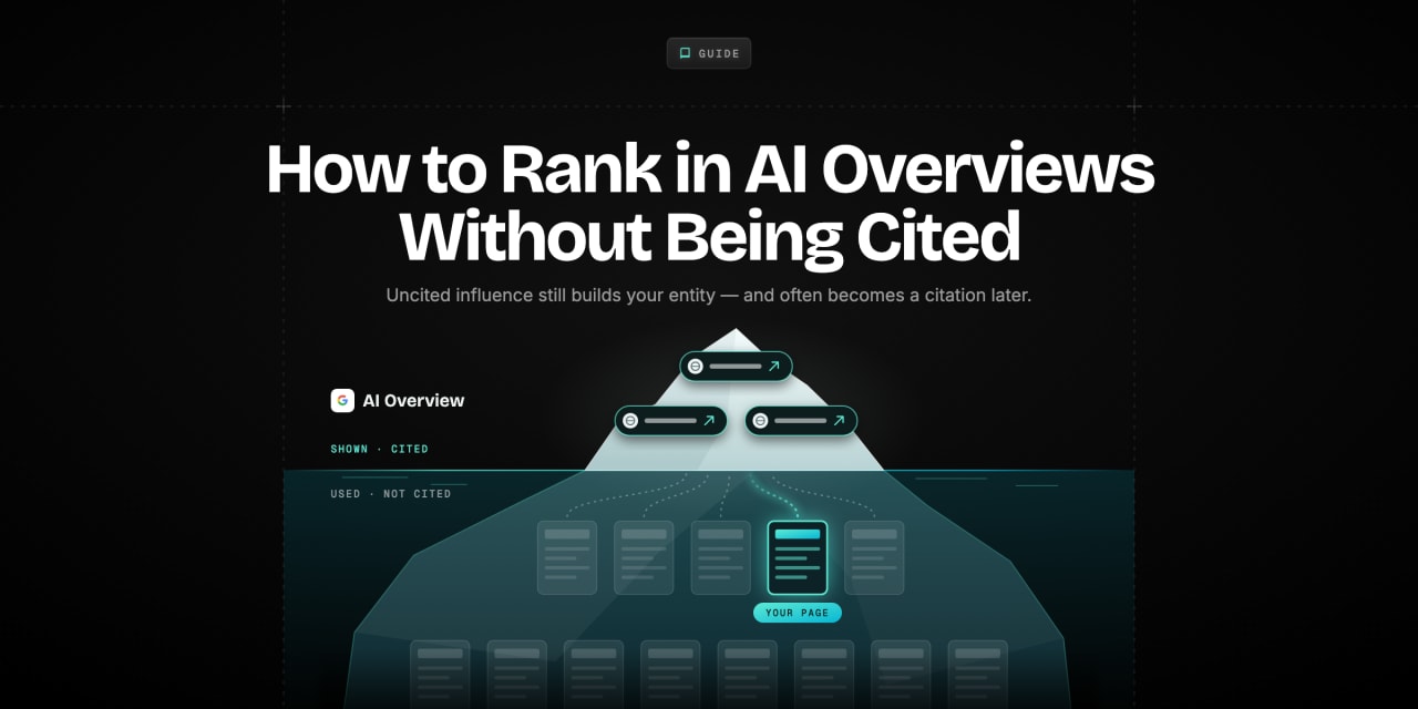 An iceberg where a few AI Overview citation chips sit above the waterline while your uncited page shapes the answer below it