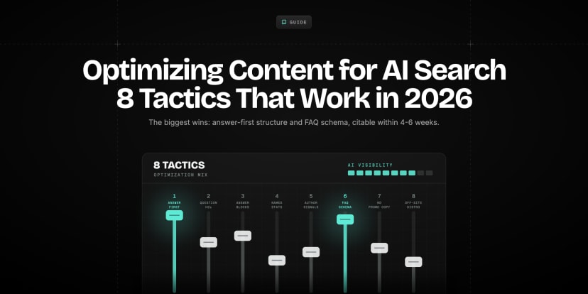 Eight content tactics radiating toward a central AI search engine that cites and surfaces optimized web pages