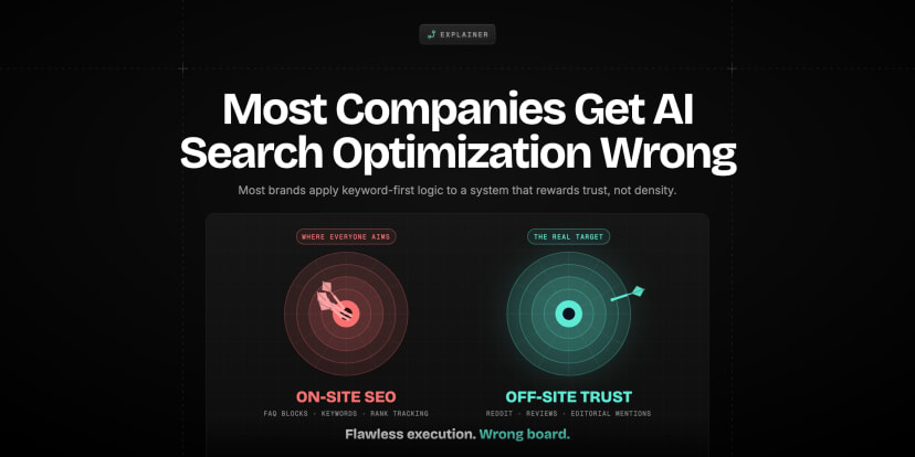 Companies forcing traditional SEO keywords into an AI search funnel that rejects them, beside three corrective strategy arrows