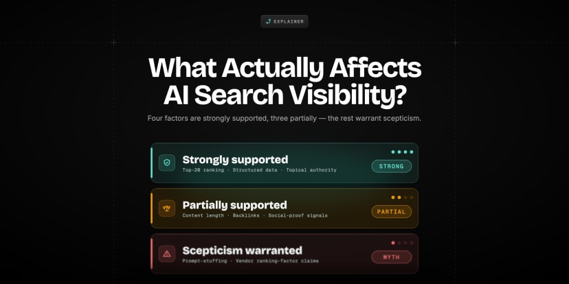 Magnifying glass separating verified SEO factors from discarded myths, weighing fact against hype in AI search
