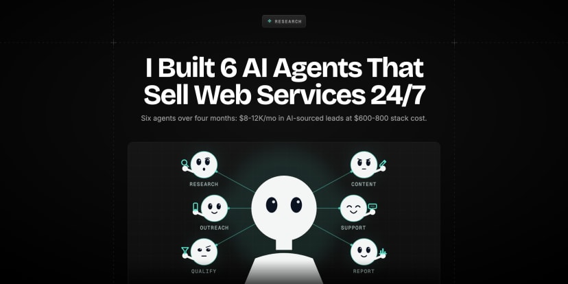 Six AI agent icons orbiting a central web business hub, working around the clock through lead gen, outreach, and fulfilment