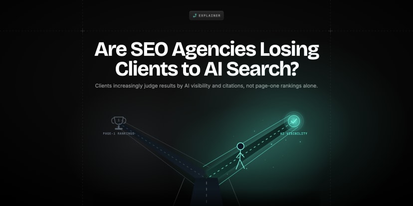 A forking road: one dim branch ends at a stale #1 trophy, the other glows teal to an AI-visibility beacon a client walks.