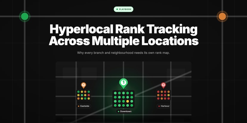 A dark map with three branch locations, each showing its own green-to-red rank heatmap — one strong, one patchy, one weak.