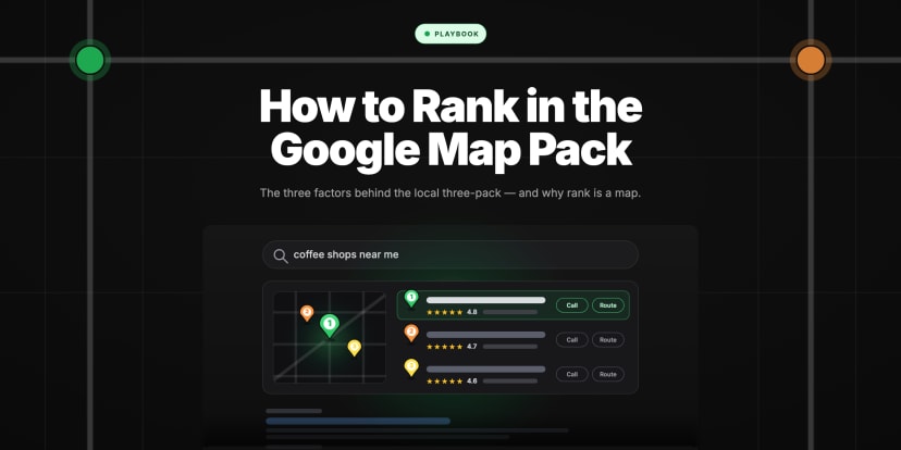 A local search with the Map Pack — three ranked businesses on a mini map, number one lit green, above faded organic links.