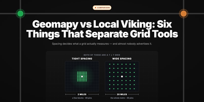 Hero image showing two map panels of the same size, each holding an identical 7 by 7 grid of 49 scan pins: one packed tightly across 2 miles, the other spread across 20 miles, illustrating that grid spacing decides what a grid actually measures.