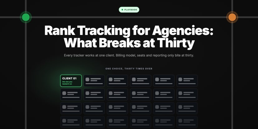 A grid of thirty identical agency client tiles running off the bottom of the frame, with only the first one lit and labelled as the client the rank tracker was tested on.