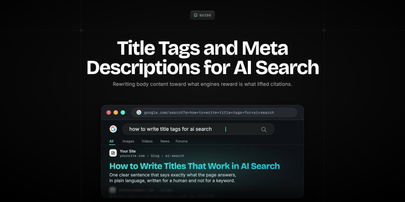Illustration zooming into a Google search result with its title tag and meta description in focus
