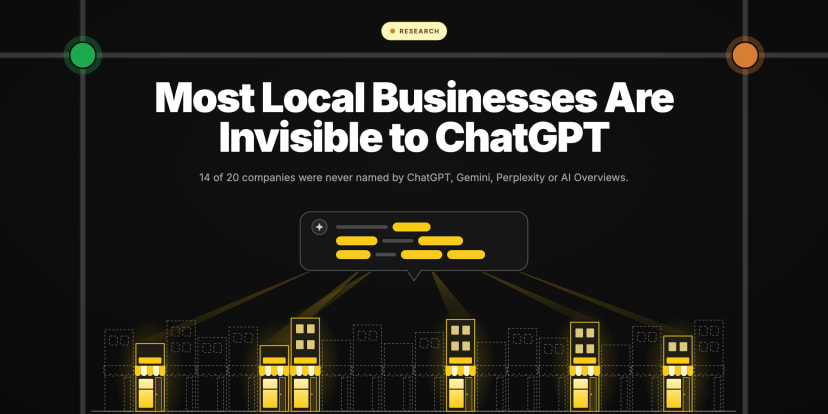 Twenty shopfronts under one AI chat bubble: six lit up by its answer, fourteen left as faint dashed outlines.