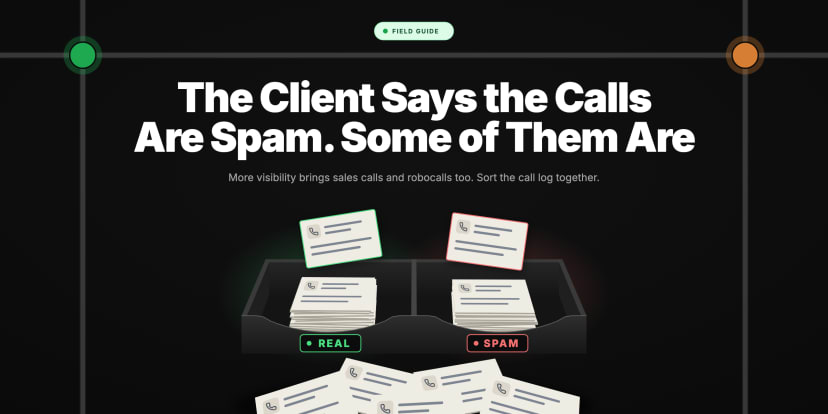 Phone message slips being sorted into two trays labelled REAL and SPAM, with both trays filling up.