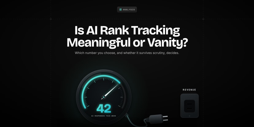 A glowing dial gauge reading 42 AI responses this week, its cable ending in an unplugged plug lying beside a socket labelled revenue