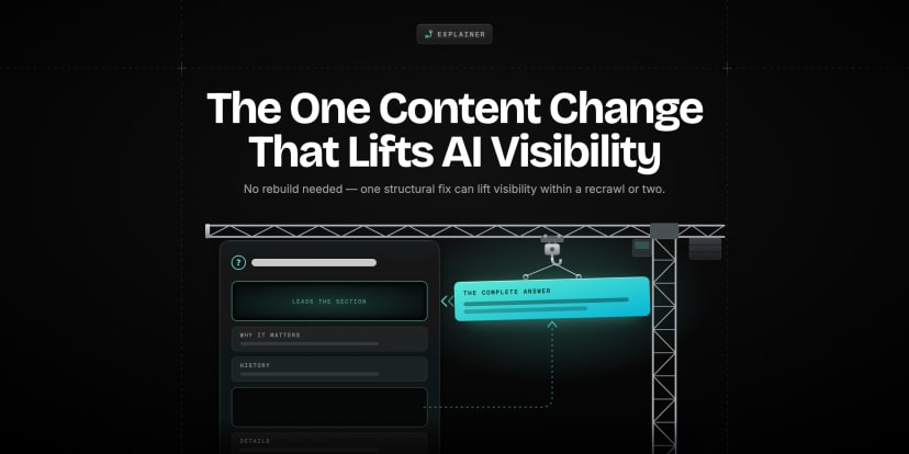 A crane lifting one complete answer block to the top of a page, the single structural change that lifts AI visibility