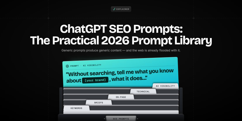 A card-catalog drawer of ChatGPT SEO prompts tabbed by keywords, briefs, on-page, technical and AI visibility, with one prompt card pulled out